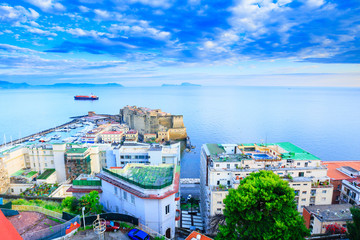 Panoramic seascape of Naples, view of the port in the Gulf of Naples, Ovo Castle.Castel dell'Ovo, and the island Capri. The province of Campania. Italy.