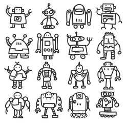 icon robot cute doodle hand drawn vector set art illustration