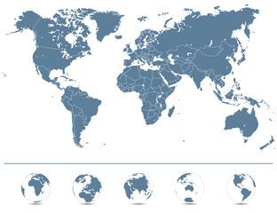 Fototapeta na wymiar Detaillierte Weltkarte - Vektorgrafik (Grau/ Blau)