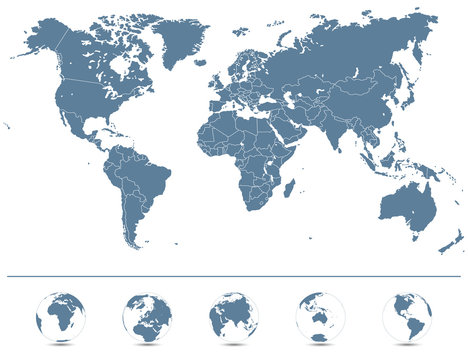 Detaillierte Weltkarte - Vektorgrafik (Grau/ Blau)