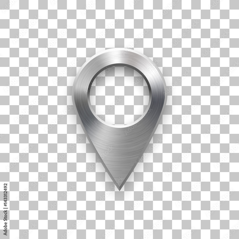 Poster technology map pointer badge, gps button template with metal texture, chrome, steel, silver, realist