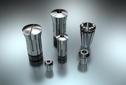 3D illustration of metal collets for instruments for heavy industry