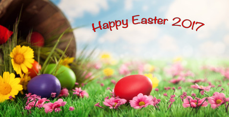 Bunte Ostereier auf Blumenwiese