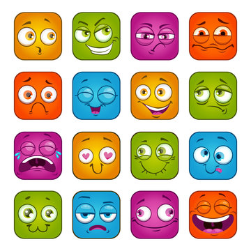 Funny colorful square faces set.
