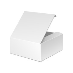 Opened White Cardboard Package Box. Gift Candy. On White Background Isolated. Mock Up Template Ready For Your Design. Product Packing Vector EPS10