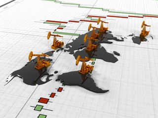 Gold Pumpjack oil on the background of the  in the circuit continents  quoted stock exchange, 3d render