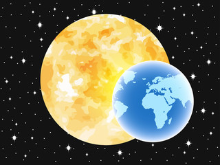 Planet earth in the background of the sun. Outer space. Vector illustration