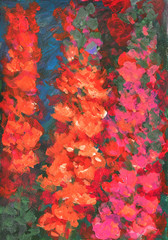 Abstract red flowers in garden, acrylic color painting