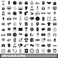 100 clock icons set, simple style 