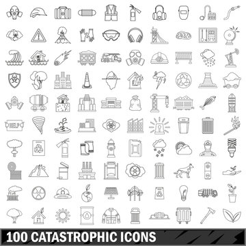 100 catastrophic icons set, outline style