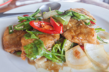 Thai food, stir fried fish with chili and onion.