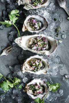 Row of fresh oysters topped with serrano cilantro mignonette sauce