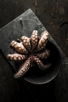 Octopus in bowl on slate