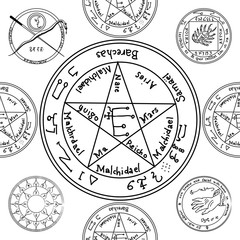 Texture with a repetitive pentacle pattern. Occult background. T