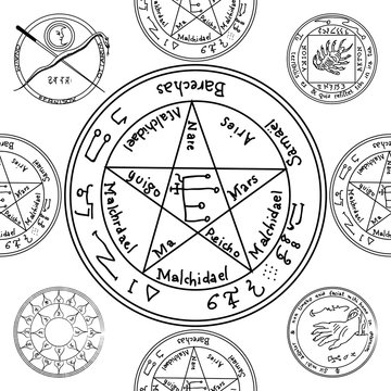 Texture with a repetitive pentacle pattern. Occult background. T