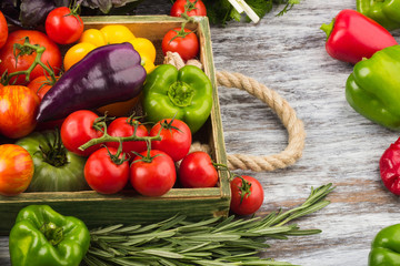Set of vegetables in the wooden tray