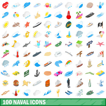 100 naval icons set, isometric 3d style