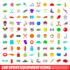 100 sport equipment icons set, cartoon style