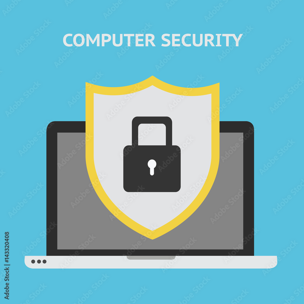 Aufkleber computer security concept. laptop with shield and lock on table. vector illustration.