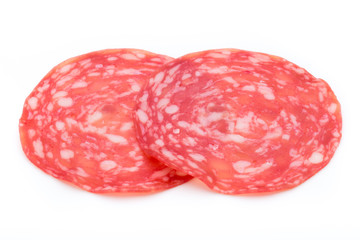 Salami smoked sausage slices isolated on white background cutout.