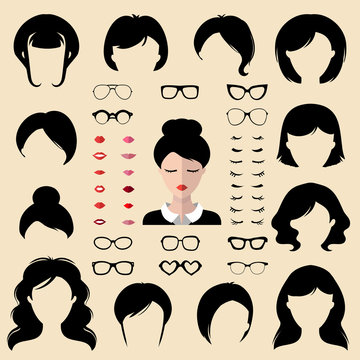 Female face creator. Vector set of dress up designer with different woman haircuts, glasses, lips etc in flat style.