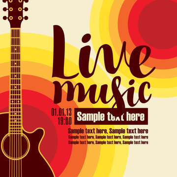music poster for a concert live music with the image of a guitar on the colored background