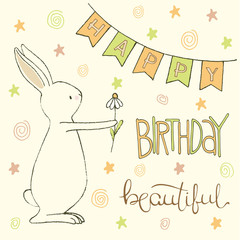 Easter greeting card with easter eggs and bunny doodles. Hand lettering