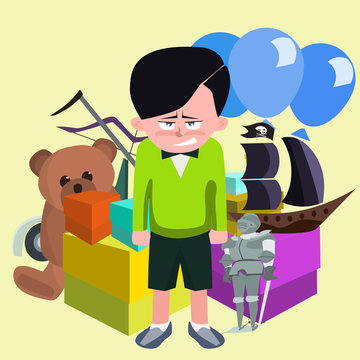 dissatisfied boy against pile of children's gifts vector cartoon