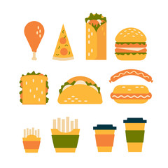 Fototapeta na wymiar Fast food dishes with drinks. Chicken leg, chips, cup of coffee, burger, sandwich, hot dog, pizza, tacos. Icon set. Vector illustration.