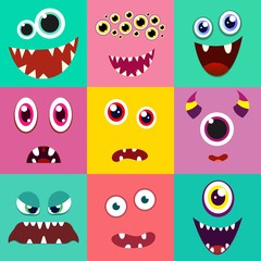 Set of cute monster face. Vector illustration.