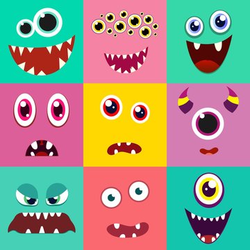 Set of cute monster face. Vector illustration.