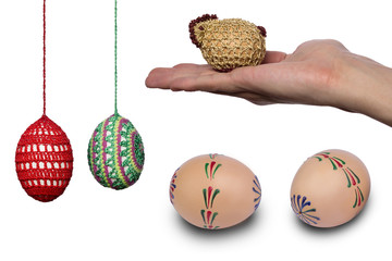 All in one - Hand with chicken egg, with hung eggs and two hand painted eggs