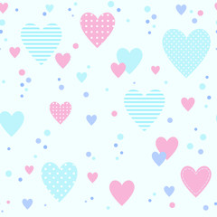 Seamless pattern with different hearts. Striped and polka-dotted. Pink, blue and purple colors. Good for packing romantic gifts
