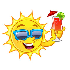 Funny drawing of a sun, he has a refreshing drink