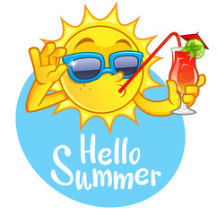 Funny drawing of a sun, he has a refreshing drink