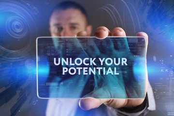 Business, Technology, Internet and network concept. Young businessman working on a virtual screen...