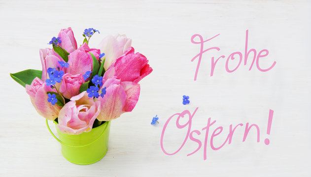 Ostern, Frohe Ostern!, Osterkarte mit Tulpenstrauss und Vergissmeinnicht