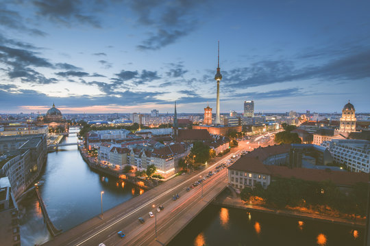 Berlin skyline with Spree river in twilight, Germany