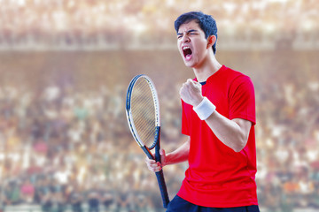 tennis player celebrating flawless victory in tennis games in arena