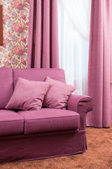 two pillows on a sofa near the window