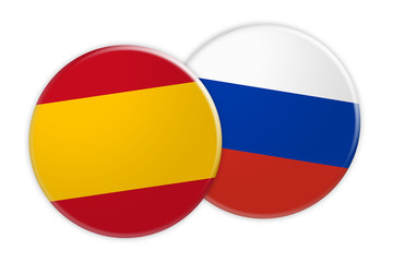 News Concept: Spain Flag Button On Russia Flag Button, 3d illustration on white background