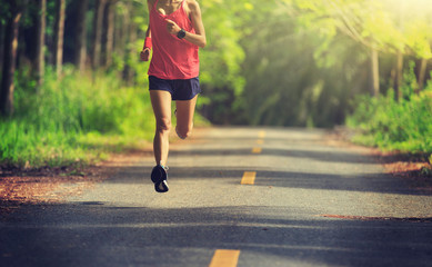 Young fitness woman running at morning tropical forest trail