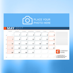 Calendar Template for May 2017. Week Starts Sunday. Design Print Template. Vector Illustration Isolated
