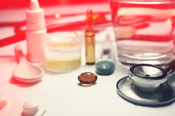 Influenza virus treatment with pills cough syrup effervescent pills nose drops vials   