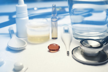 Influenza virus treatment with pills cough syrup effervescent pills nose drops vials   