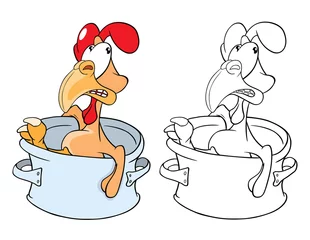 Fotobehang Illustration of a Cute Cockerel a Pan. Cartoon Character. Coloring Book © liusa