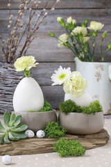 Floral arrangement with goose egg, carnations, chrysanthemum and moss.