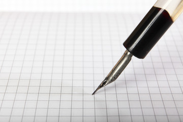 An old penholder with a pen writes on a blank sheet of paper from tetrodi in the cage. Close-up.