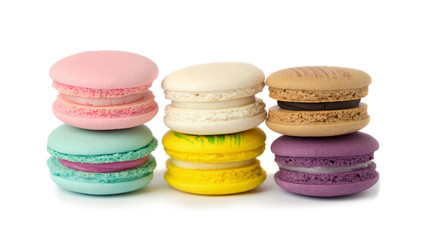sweet delicacy macaroons variety closeup. Macaroons on white background