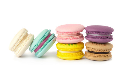 sweet delicacy macaroons variety closeup. Macaroons on white background